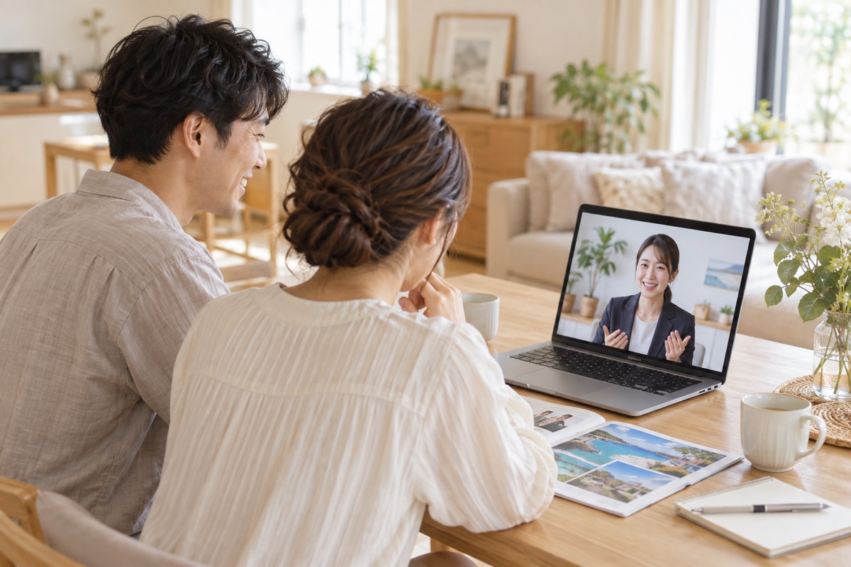 オンラインで結婚旅行を相談するふたり(生成イメージ)