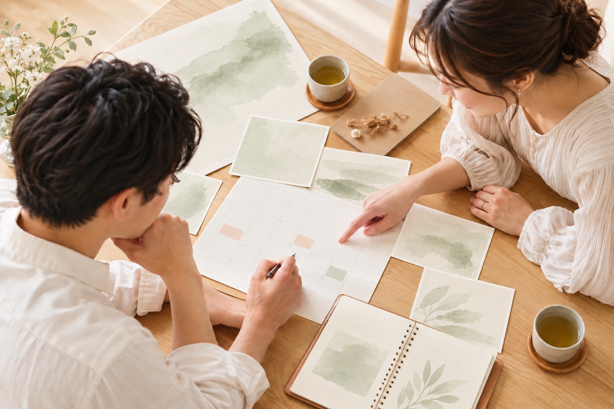結婚旅行の内容と日程を相談する様子(生成イメージ)