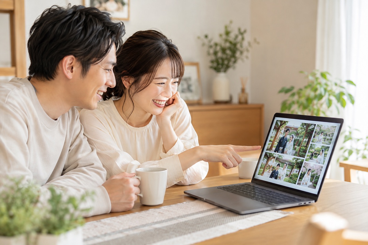届いた結婚写真を楽しむふたり(生成イメージ)