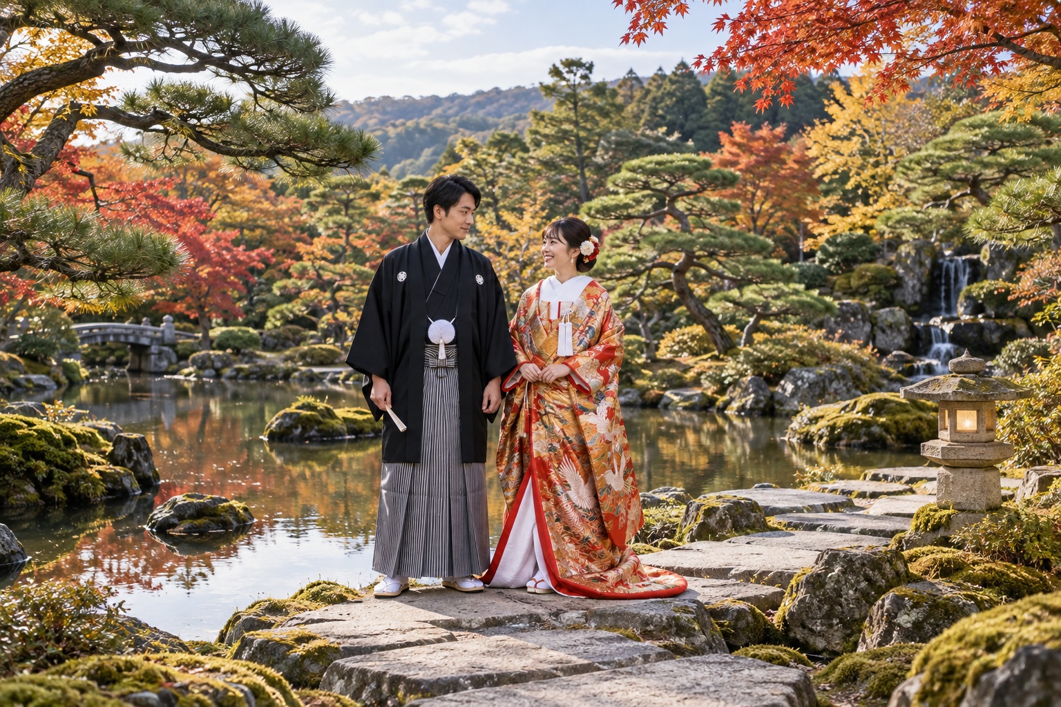 紅葉の日本庭園で過ごす和装の結婚旅行イメージ
