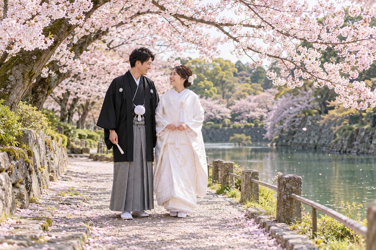 桜並木で和装姿の記念写真を残すふたりのイメージ