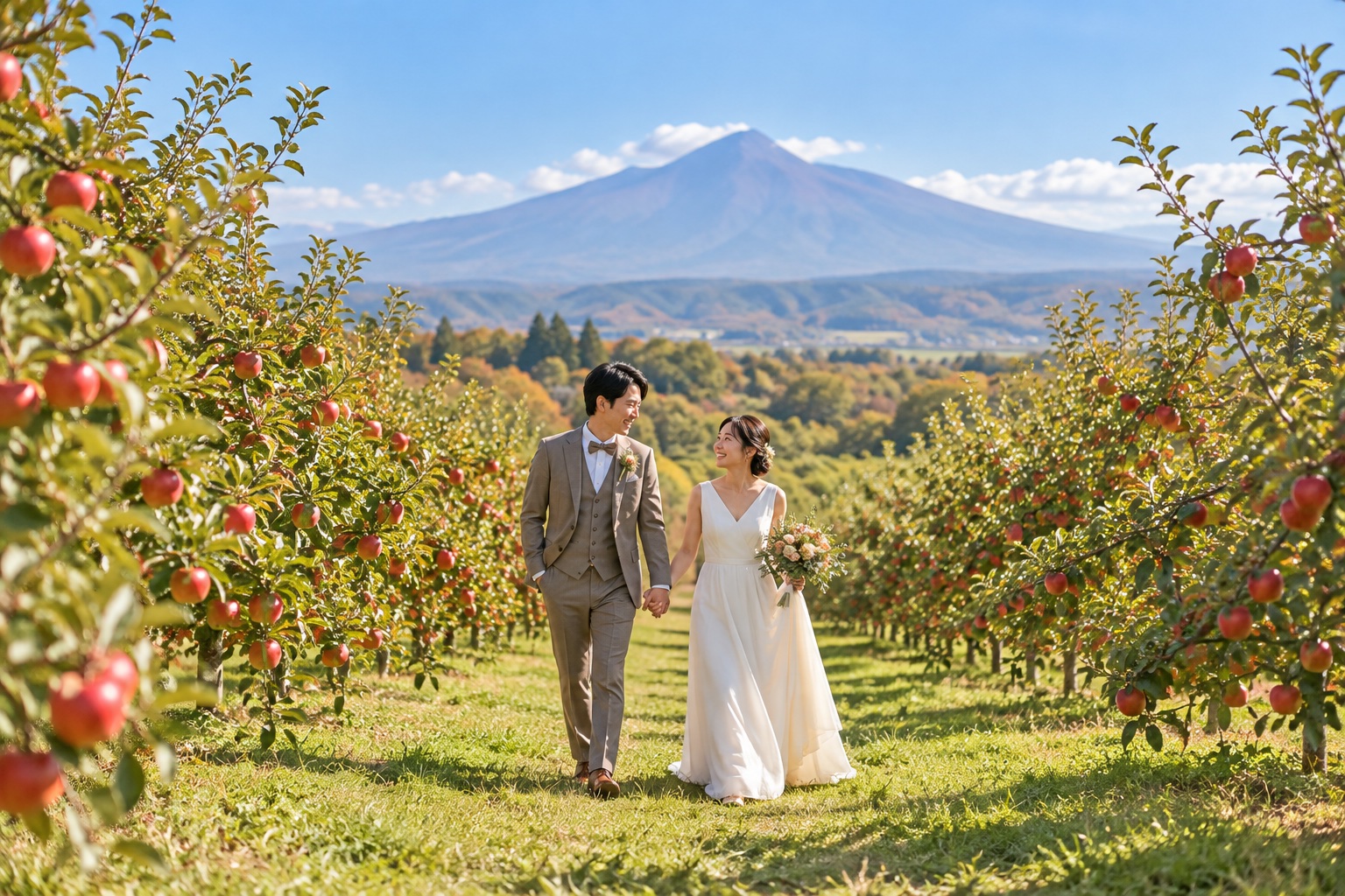 山を望むりんご畑を歩く新郎新婦のイメージ