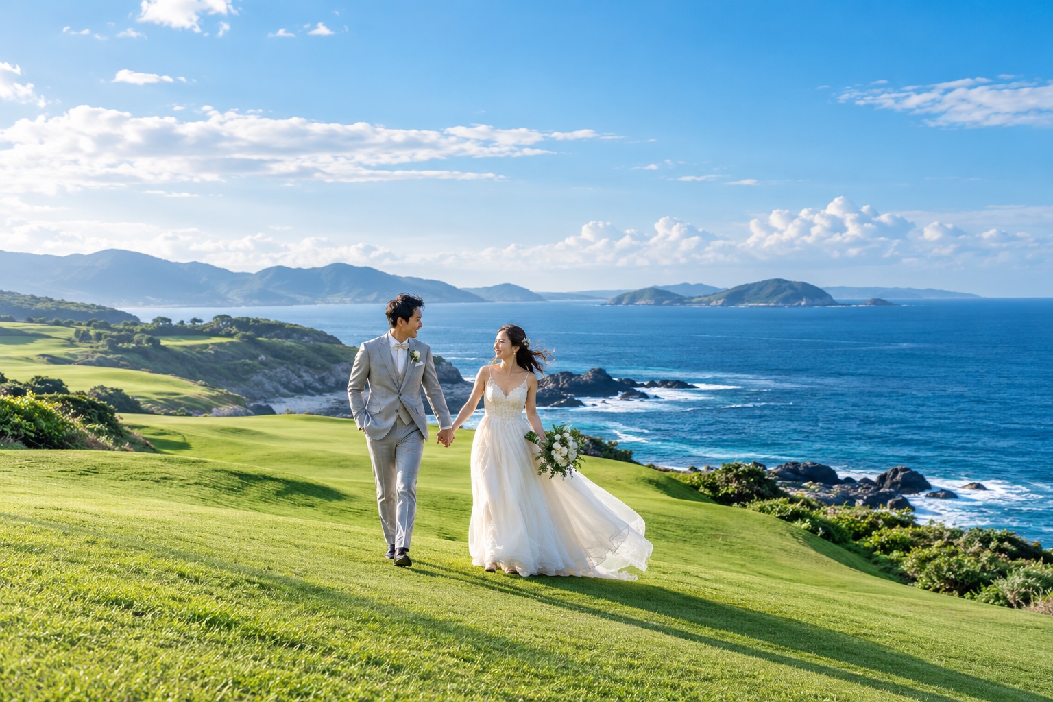 海と緑のゴルフコースで過ごす結婚旅行のイメージ
